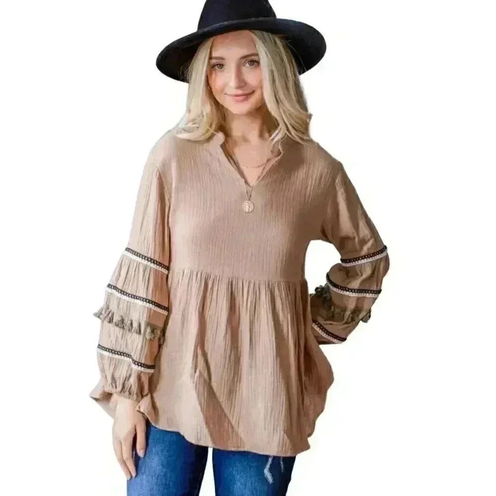 AndTheWhy Women's Light Brown Crinkled Cotton Long Sleeve V-Neck Top NEW